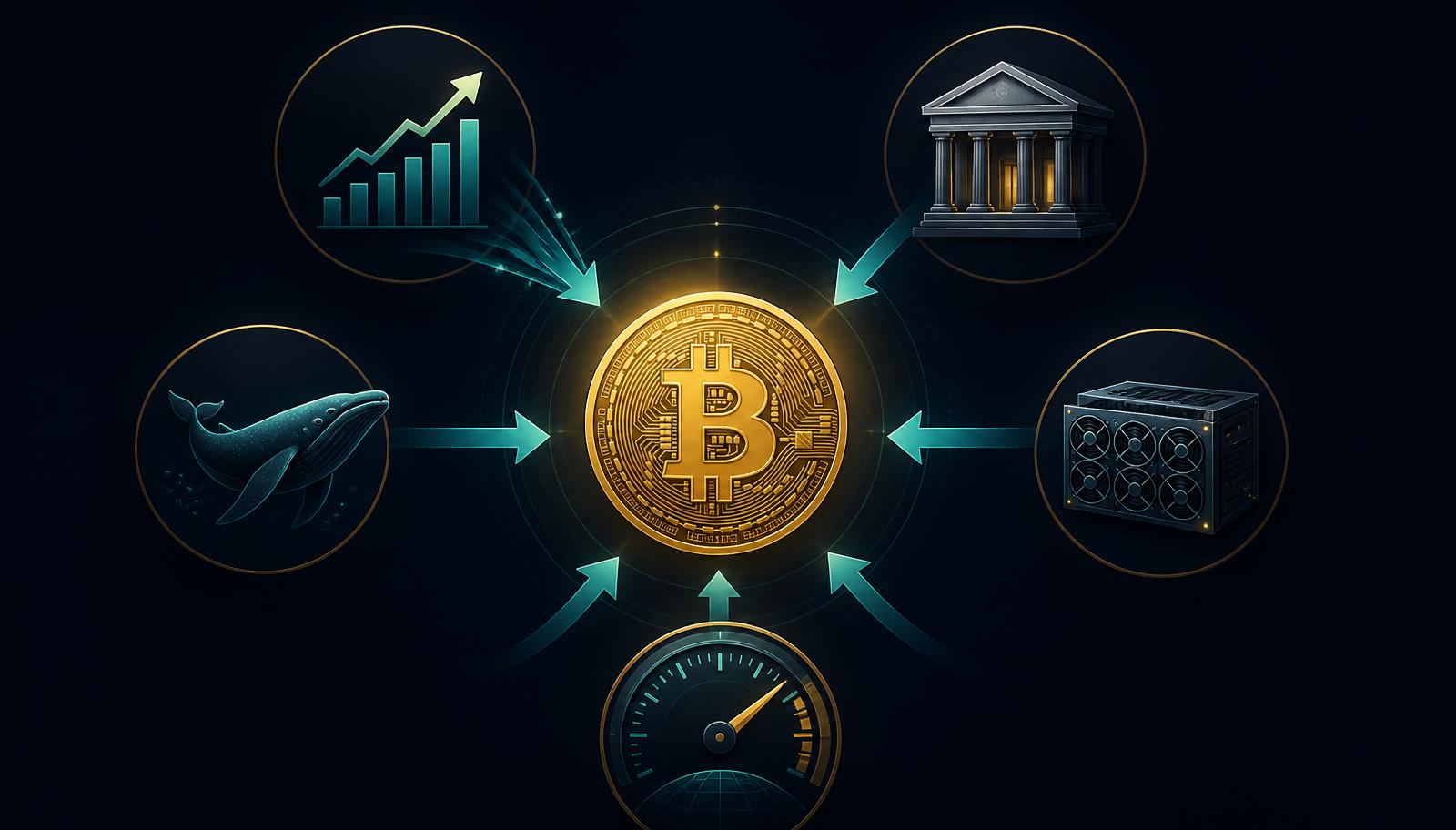 Illustration of the main drivers of Bitcoin's price: ETF inflows, institutions, whales, mining and macro rates
